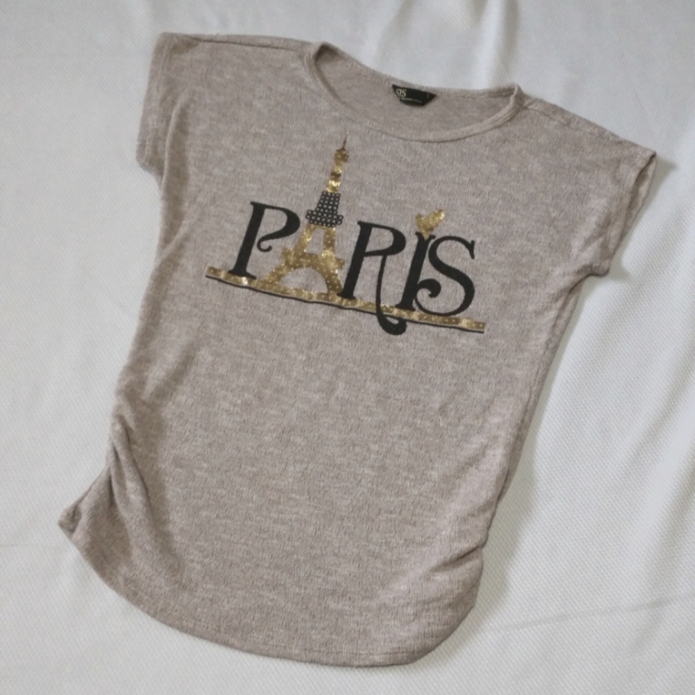 SJS Beige Paris Graphic Short Sleeve Top with Gold Accent
